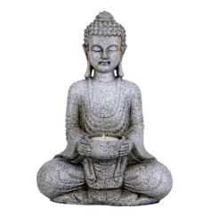 Statue - Figur - Buddha - Meditation mit Kerzenhalter - Polyresin - steingrau - ca. 27 cm Höhe