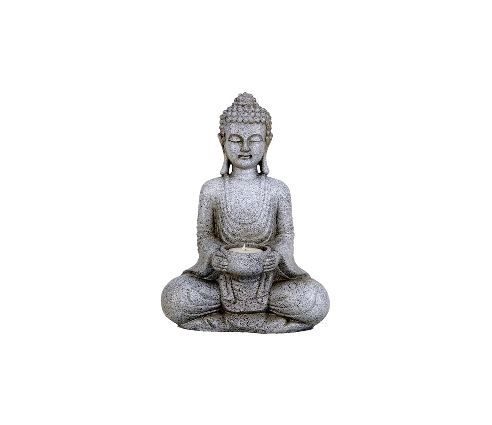 Statue - Figur - Buddha - Meditation mit Kerzenhalter - Polyresin - steingrau - ca. 27 cm Höhe