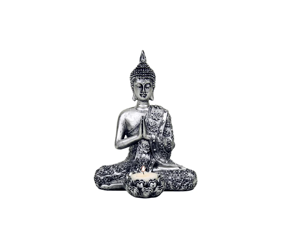 Statue - Figur - Buddha - Meditation mit Kerzenhalter - Polyresin - silberfarben - ca. 20,5 cm Höhe