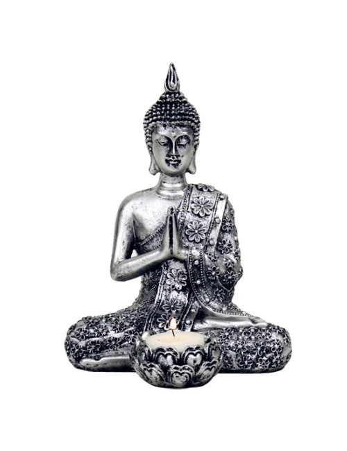 Statue - Figur - Buddha - Meditation mit Kerzenhalter - Polyresin - silberfarben - ca. 20,5 cm Höhe