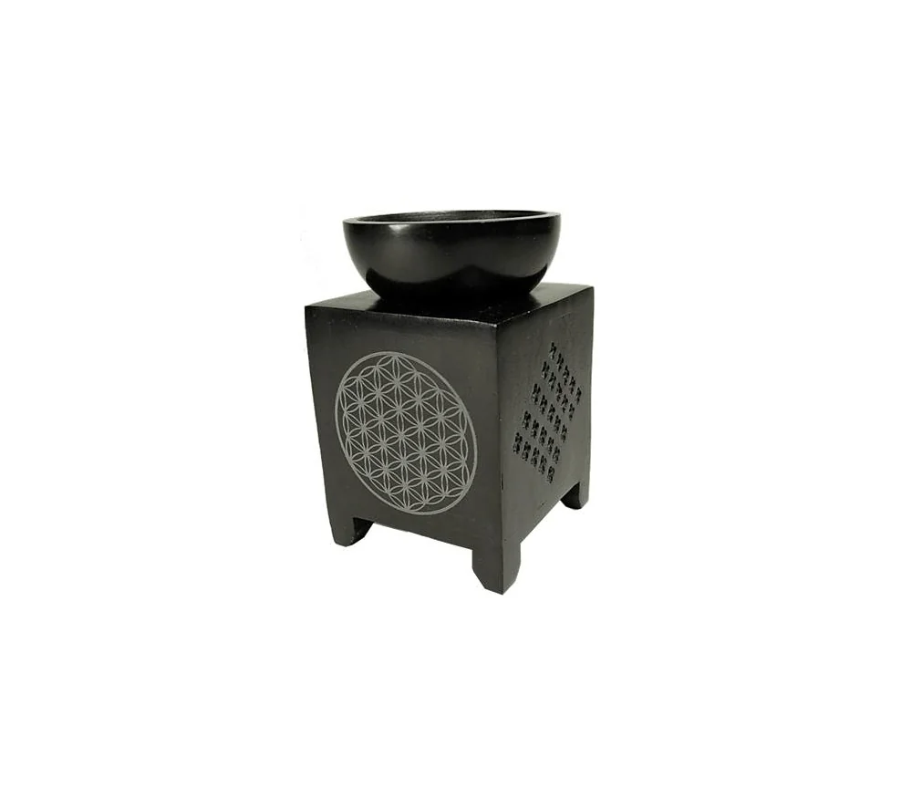 Aromalampe & Duftlampe - Blume des Lebens - Speckstein - schwarz - ca. 11cm