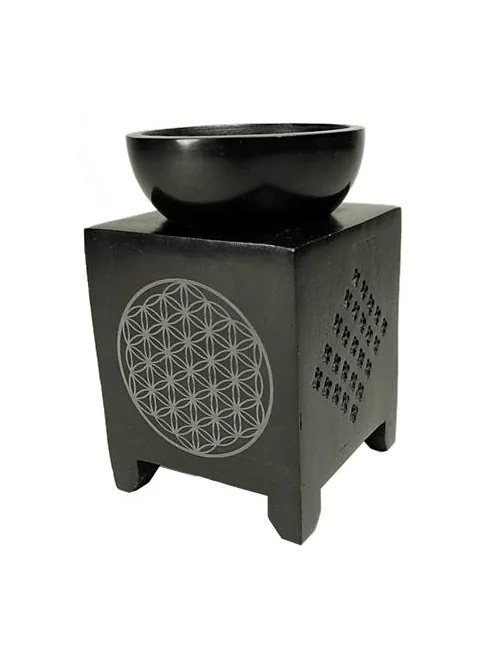 Aromalampe & Duftlampe - Blume des Lebens - Speckstein - schwarz - ca. 11cm