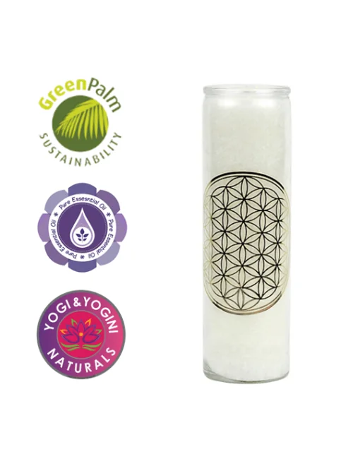 Kerze - Duftkerze im Glas - Blume des Lebens - Weiß / Gold - Palmkernwachs - ca. 100 Std.